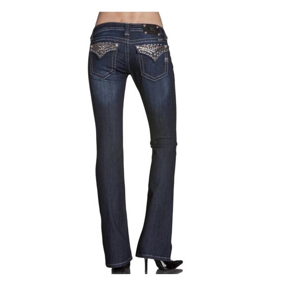 Miss Me Full Metal Boot Cut Jeans Blue Size 29 Embellished Flap Pocket LONG 36" - Picture 1 of 7